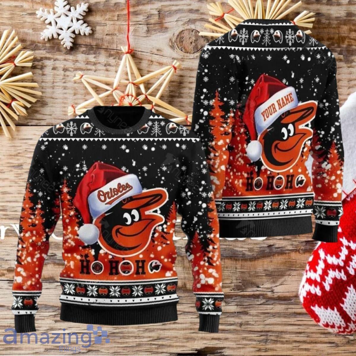 Baltimore Orioles Ho Ho Ho Custom Ugly Christmas Sweater Style Gift For Men And Women image Baltimore Orioles Ho Ho Ho Custom Ugly Christmas Sweater Style Gift For Men And Women Product Photo 1