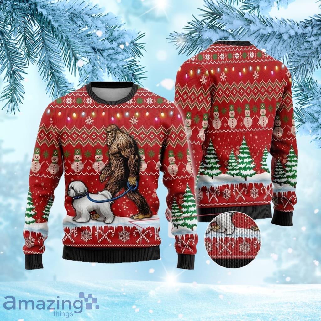 Bigfoot Goes To Spend Christmas With Bichon Frise Ugly Christmas Sweater image Bigfoot Goes To Spend Christmas With Bichon Frise Ugly Christmas Sweater Product Photo 1