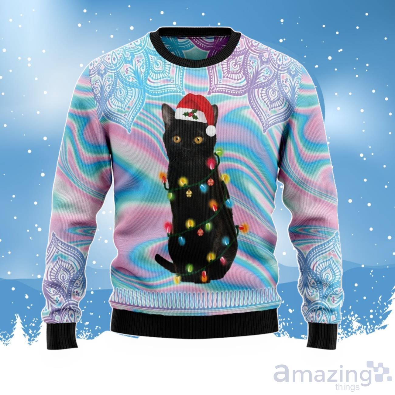 Black Cat Hologram Pattern Ugly Christmas Sweater For Men & Women image Black Cat Hologram Pattern Ugly Christmas Sweater For Men & Women Product Photo 1