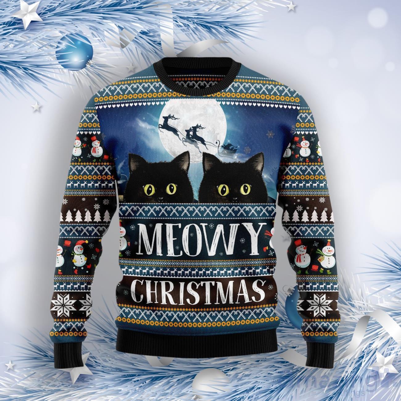 Black Cat Meowy Christmas Ugly Christmas Sweater image Black Cat Meowy Christmas Ugly Christmas Sweater Product Photo 1