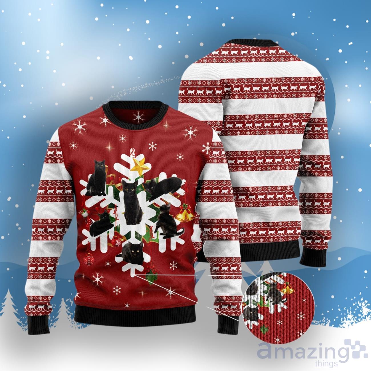 Black Cat Snowflake Ugly Christmas Sweater image Black Cat Snowflake Ugly Christmas Sweater Product Photo 3