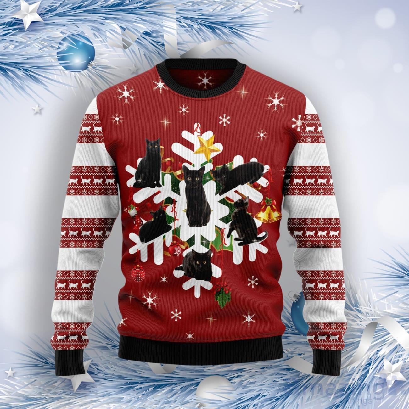 Black Cat Snowflake Ugly Christmas Sweater image Black Cat Snowflake Ugly Christmas Sweater Product Photo 1