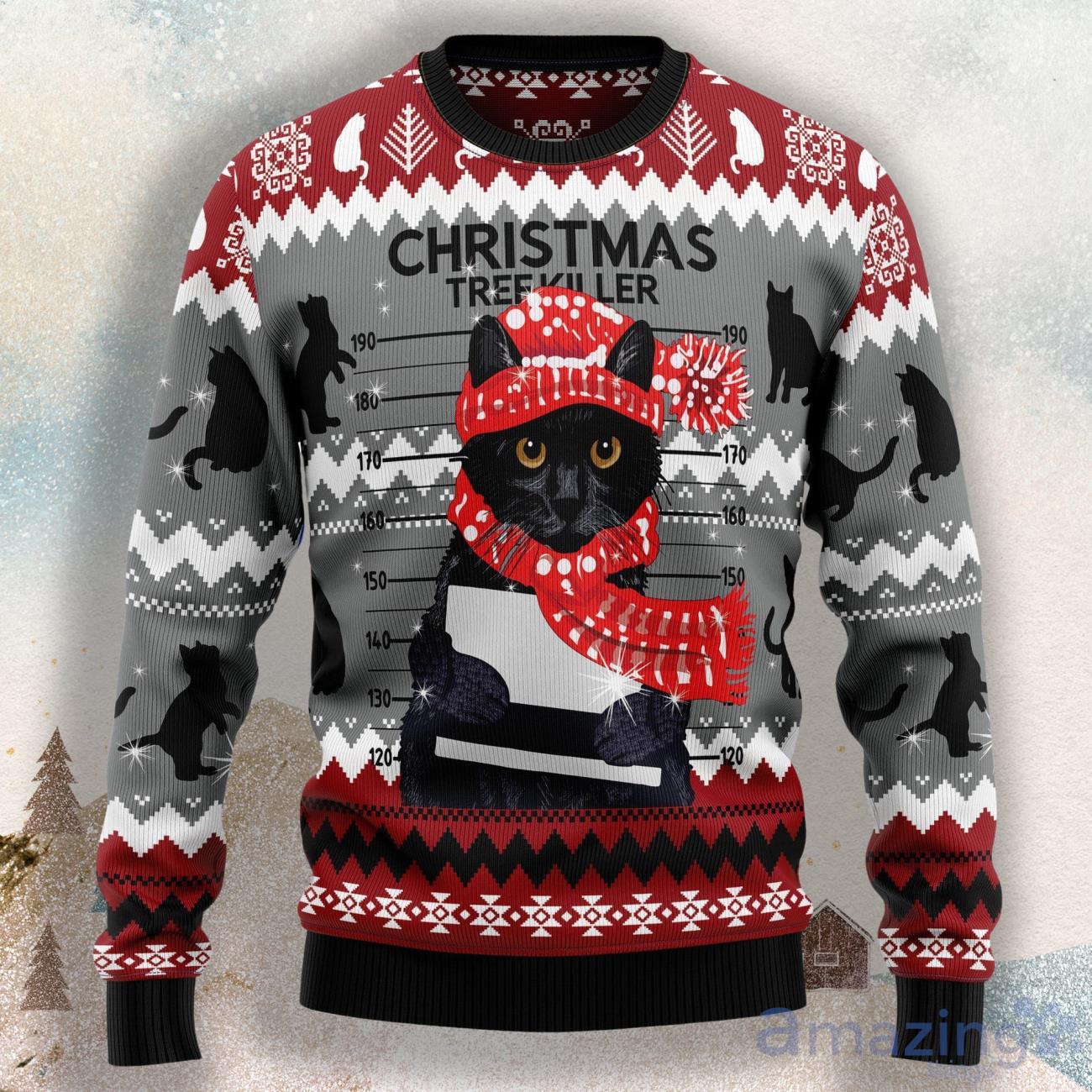 Black Cat Tree Killer Ugly Christmas Sweater image Black Cat Tree Killer Ugly Christmas Sweater Product Photo 1