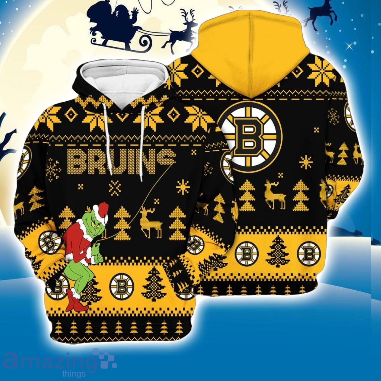 Boston Bruins 3D Hooodie Ugly Sweater Sweatshirt Christmas Pattern Grinch Custom Name Ice Hockey NHL Fans image Boston Bruins 3D Hooodie Ugly Sweater Sweatshirt Christmas Pattern Grinch Custom Name Ice Hockey NHL Fans Product Photo 1
