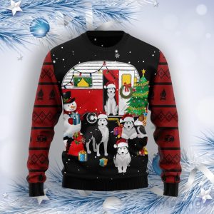 Camping Car And Siberian Husky Ugly Christmas Sweater Product Photo 1