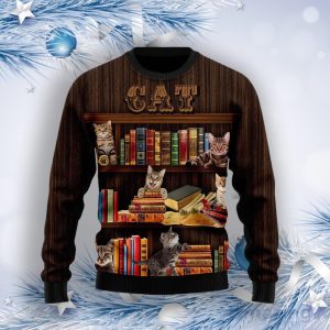 Cat Bookcase Ugly Christmas Sweater Product Photo 1