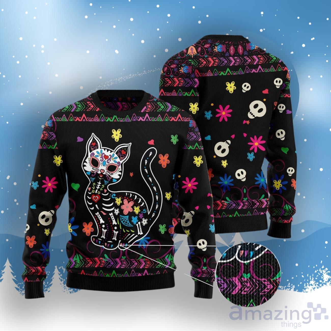 Cat Sugar Skull Ugly Christmas Sweater image Cat Sugar Skull Ugly Christmas Sweater Product Photo 3