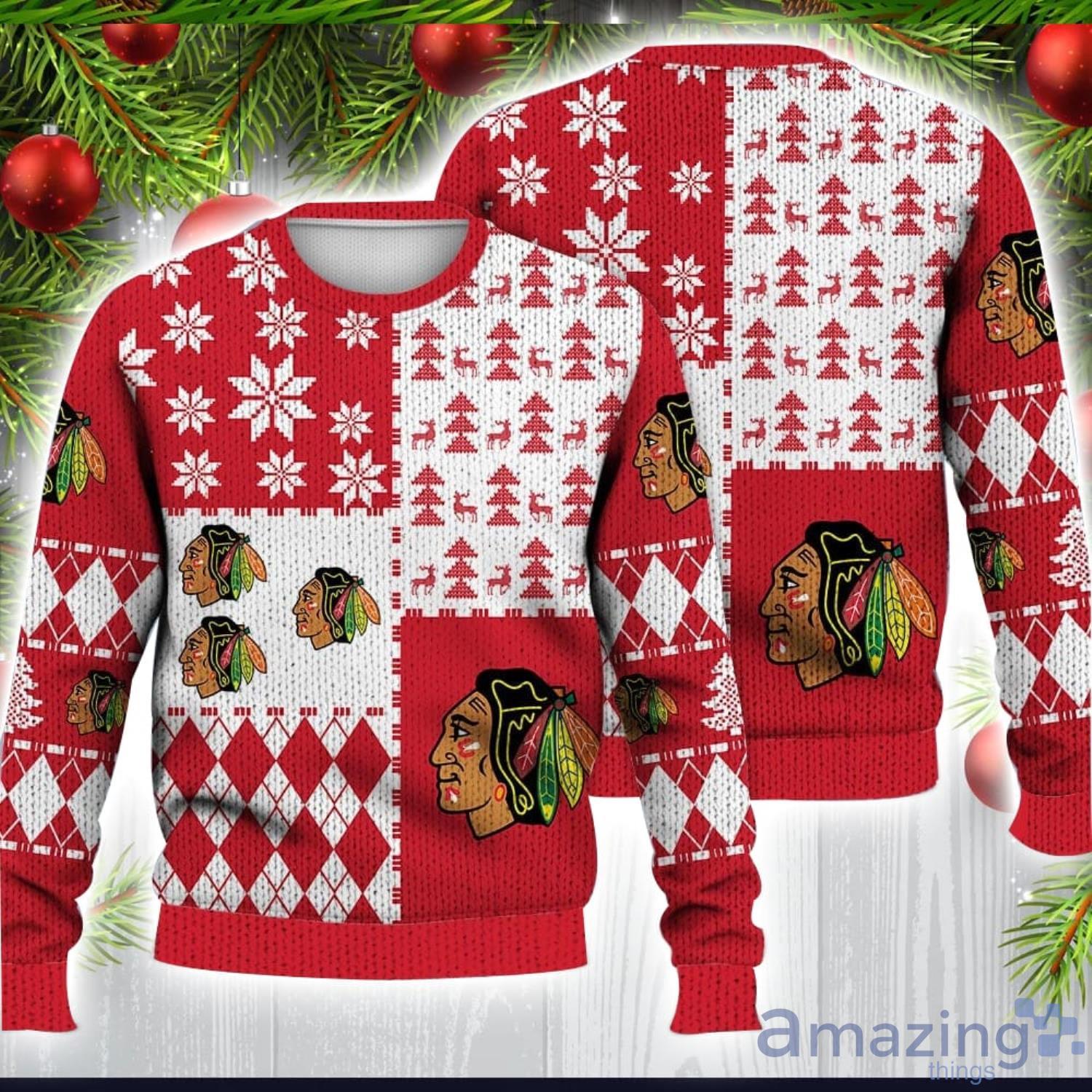 Chicago Blackhawks All Over Printed 3D Christmas Sweater Ice Hockey NHL Fans Gift image Chicago Blackhawks All Over Printed 3D Christmas Sweater Ice Hockey NHL Fans Gift Product Photo 1