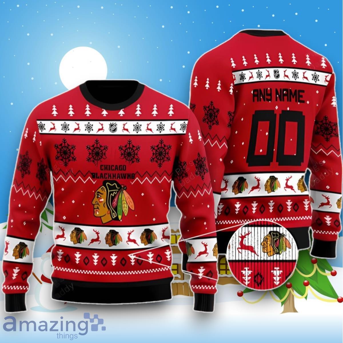 Chicago Blackhawks Personalized Red Ugly Christmas Sweater Unique Gift image Chicago Blackhawks Personalized Red Ugly Christmas Sweater Unique Gift Product Photo 1