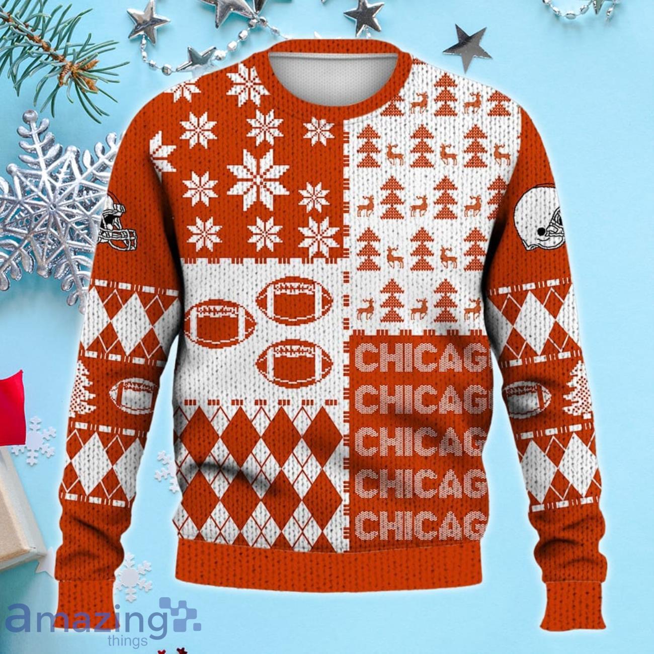 Chicago Ugly Sweater Christmas, Retro Football American Sweatshirt Pattern 3D For Fans image Chicago Ugly Sweater Christmas, Retro Football American Sweatshirt Pattern 3D For Fans Product Photo 2