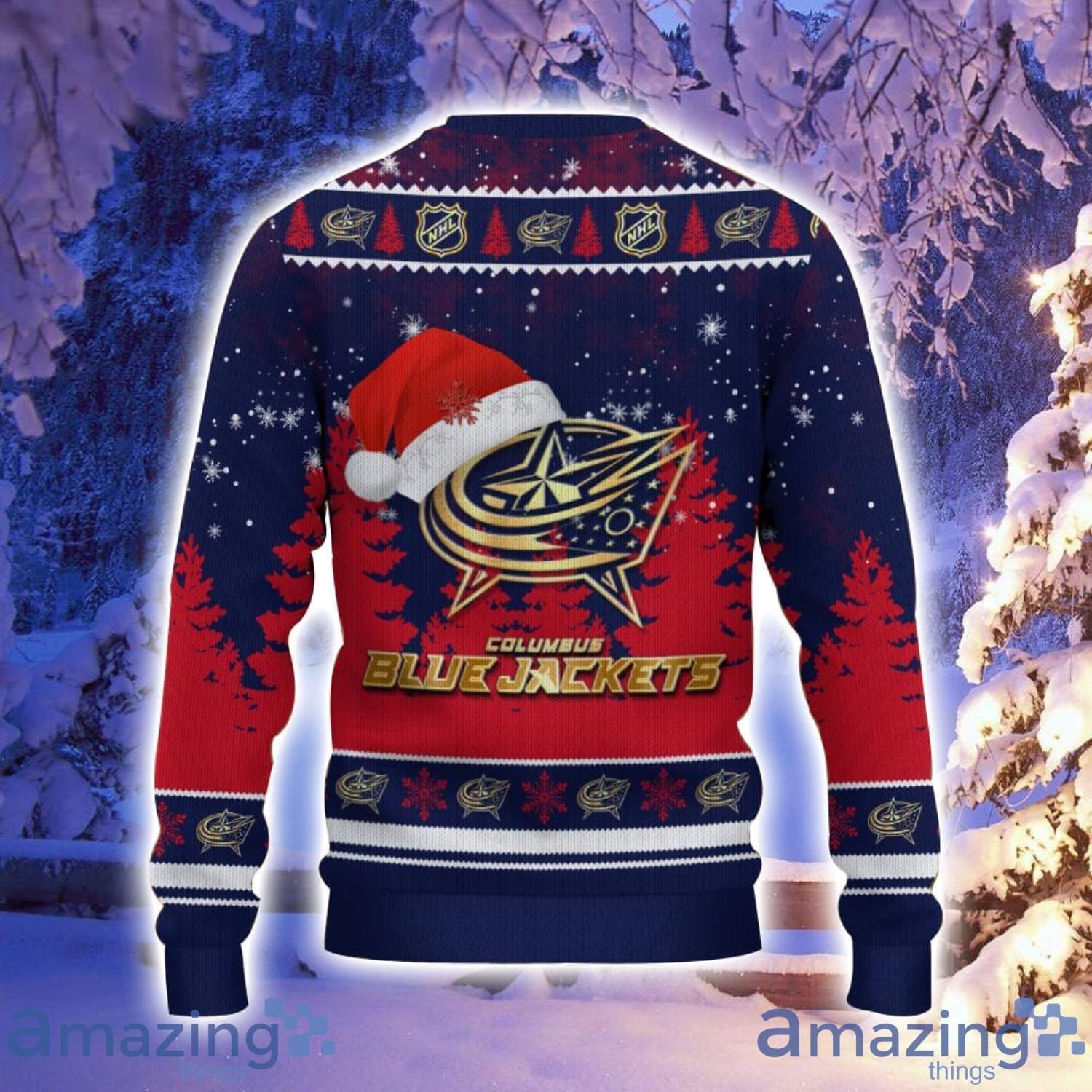 Columbus Blue Jackets Santa Hat Pattern Ugly Christmas Sweater For Men And Women image Columbus Blue Jackets Santa Hat Pattern Ugly Christmas Sweater For Men And Women Product Photo 3