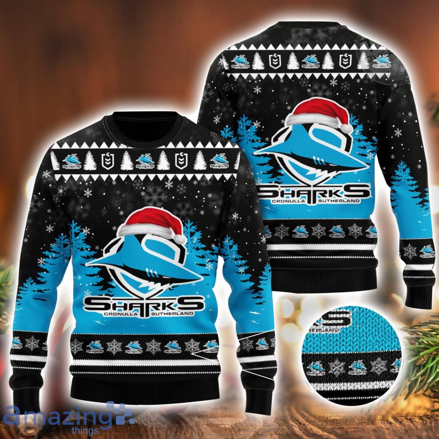 Cronulla Sutherland Sharks Logo Wearing Santa Hat 3D Ugly Christmas Sweater Christmas Gift Men And Women 2023 Sweater image Cronulla Sutherland Sharks Logo Wearing Santa Hat 3D Ugly Christmas Sweater Christmas Gift Men And Women 2023 Sweater Product Photo 1