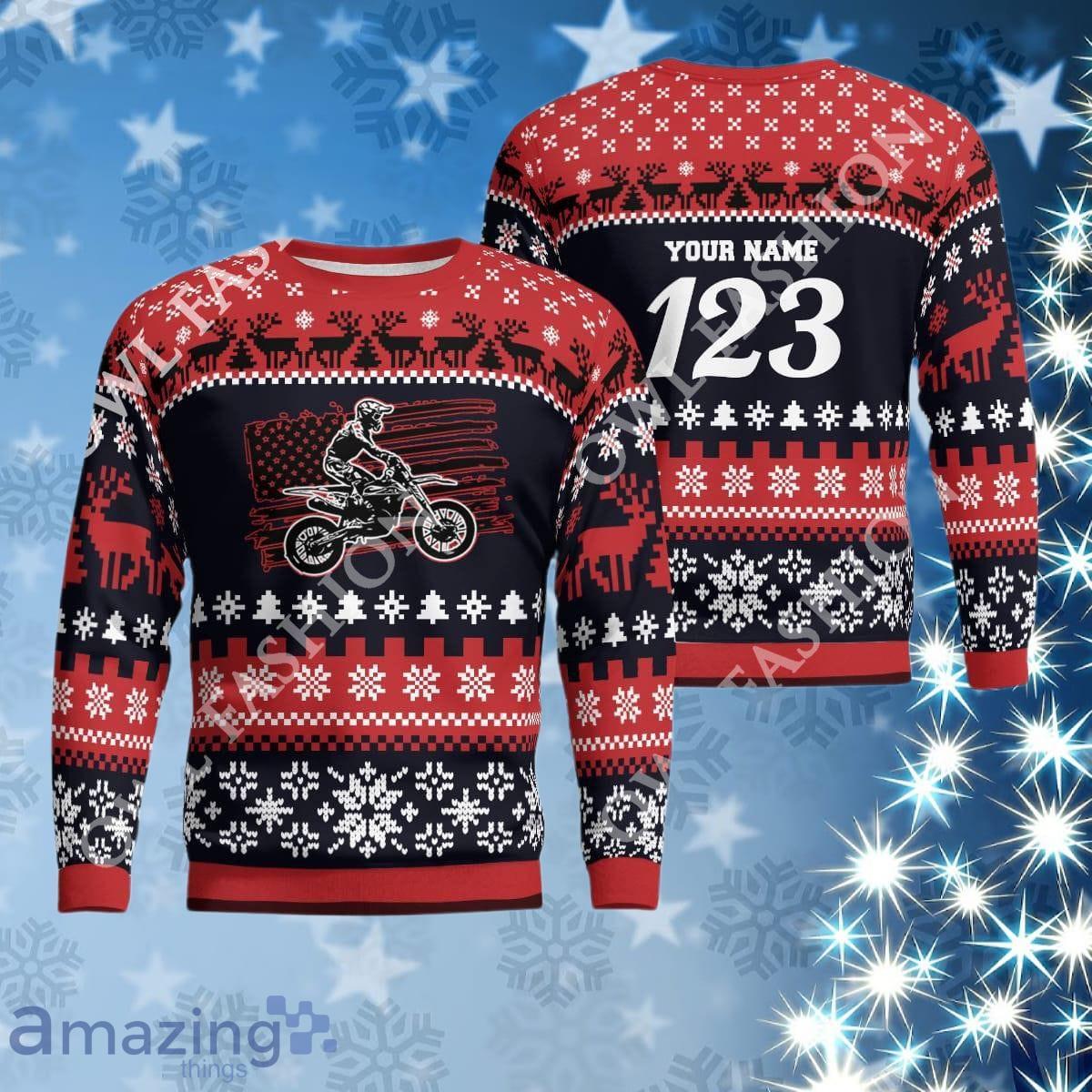 Custom Name Number Christmas Motocross Rider Red Ugly Sweater Impressive Gift image Custom Name Number Christmas Motocross Rider Red Ugly Sweater Impressive Gift Product Photo 1