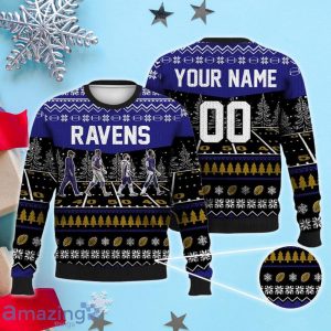 Custom Number & Name Baltimore Ravens Walking Abbey Road Christmas Sweater Harbaugh, Lamar Jackson, Odell Beckham Jr Product Photo 1