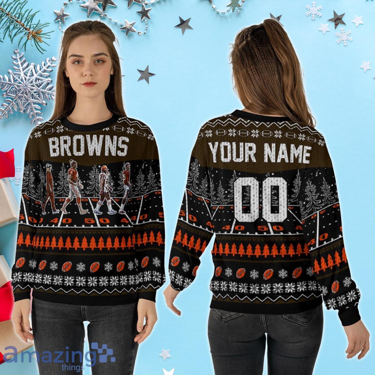 Custom Number & Name Cleveland Browns Walking Abbey Road Christmas Sweater Stefanski, Watson, Kareem Hunt, Myles Garrett image Custom Number & Name Cleveland Browns Walking Abbey Road Christmas Sweater Stefanski, Watson, Kareem Hunt, Myles Garrett Product Photo 2