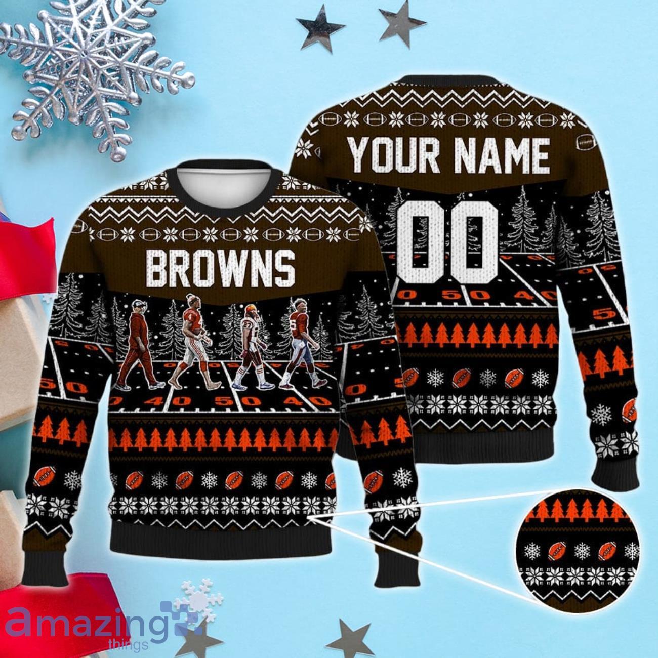 Custom Number & Name Cleveland Browns Walking Abbey Road Christmas Sweater Stefanski, Watson, Kareem Hunt, Myles Garrett image Custom Number & Name Cleveland Browns Walking Abbey Road Christmas Sweater Stefanski, Watson, Kareem Hunt, Myles Garrett Product Photo 1