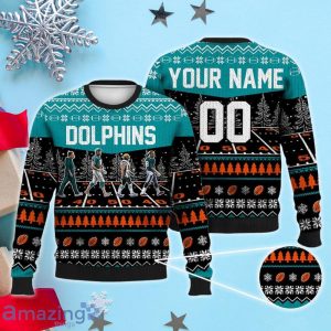 Custom Number & Name Miami Dolphins Walking Abbey Road Christmas Sweater McDaniel, Tagovailoa, Tyreek Hill, De’Von Achane Product Photo 1