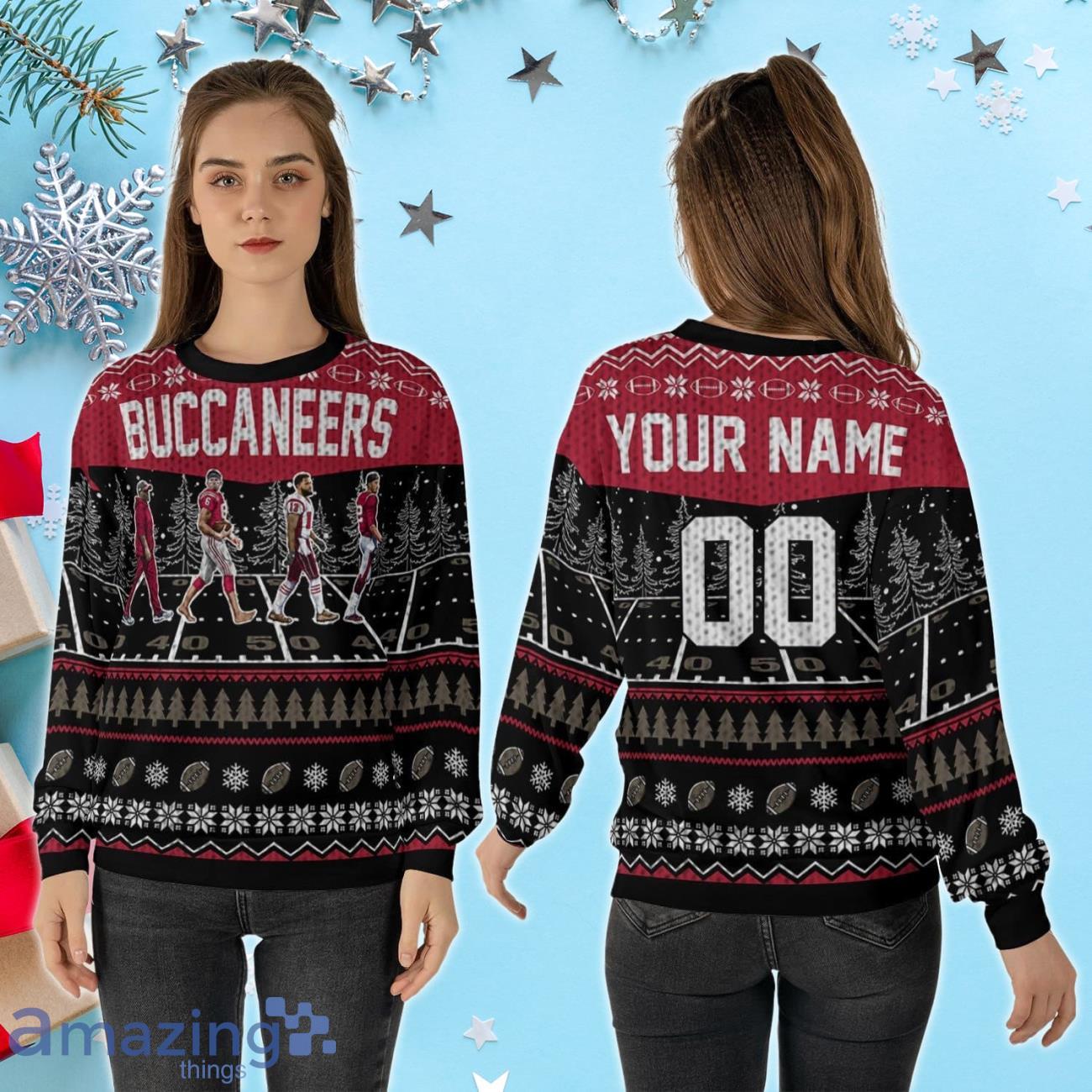 Custom Number & Name Tampa Bay Buccaneers Walking Abbey Road Christmas Sweater Todd Bowles, Baker Mayfield, Evans,Trask image Custom Number & Name Tampa Bay Buccaneers Walking Abbey Road Christmas Sweater Todd Bowles, Baker Mayfield, Evans,Trask Product Photo 2
