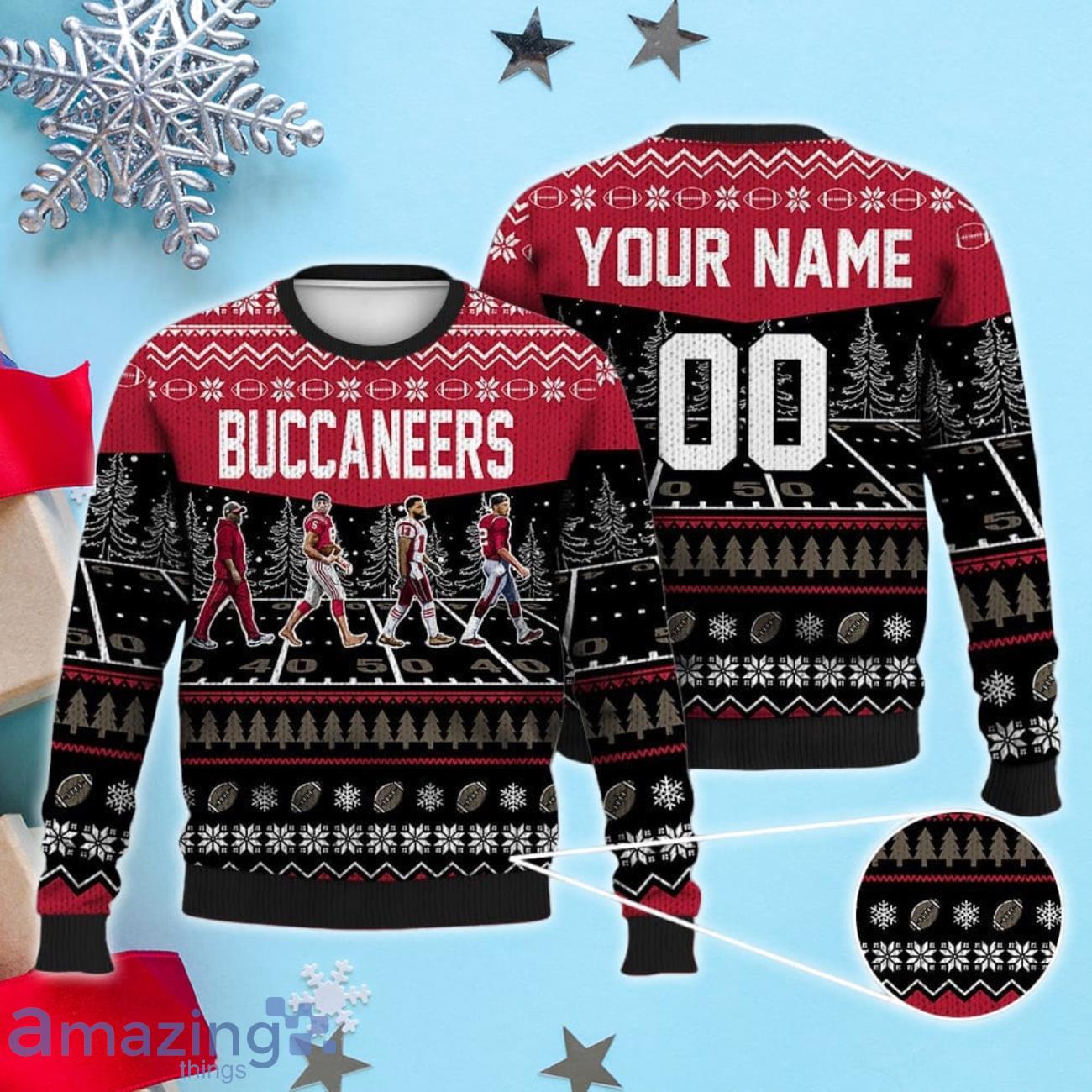 Custom Number & Name Tampa Bay Buccaneers Walking Abbey Road Christmas Sweater Todd Bowles, Baker Mayfield, Evans,Trask image Custom Number & Name Tampa Bay Buccaneers Walking Abbey Road Christmas Sweater Todd Bowles, Baker Mayfield, Evans,Trask Product Photo 1