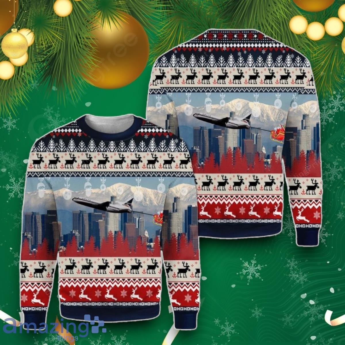 Delta Air Lines Lockheed With Santa Over Los Angeles Ugly Christmas Sweaters Style Gift For Men And Women image Delta Air Lines Lockheed With Santa Over Los Angeles Ugly Christmas Sweaters Style Gift For Men And Women Product Photo 1