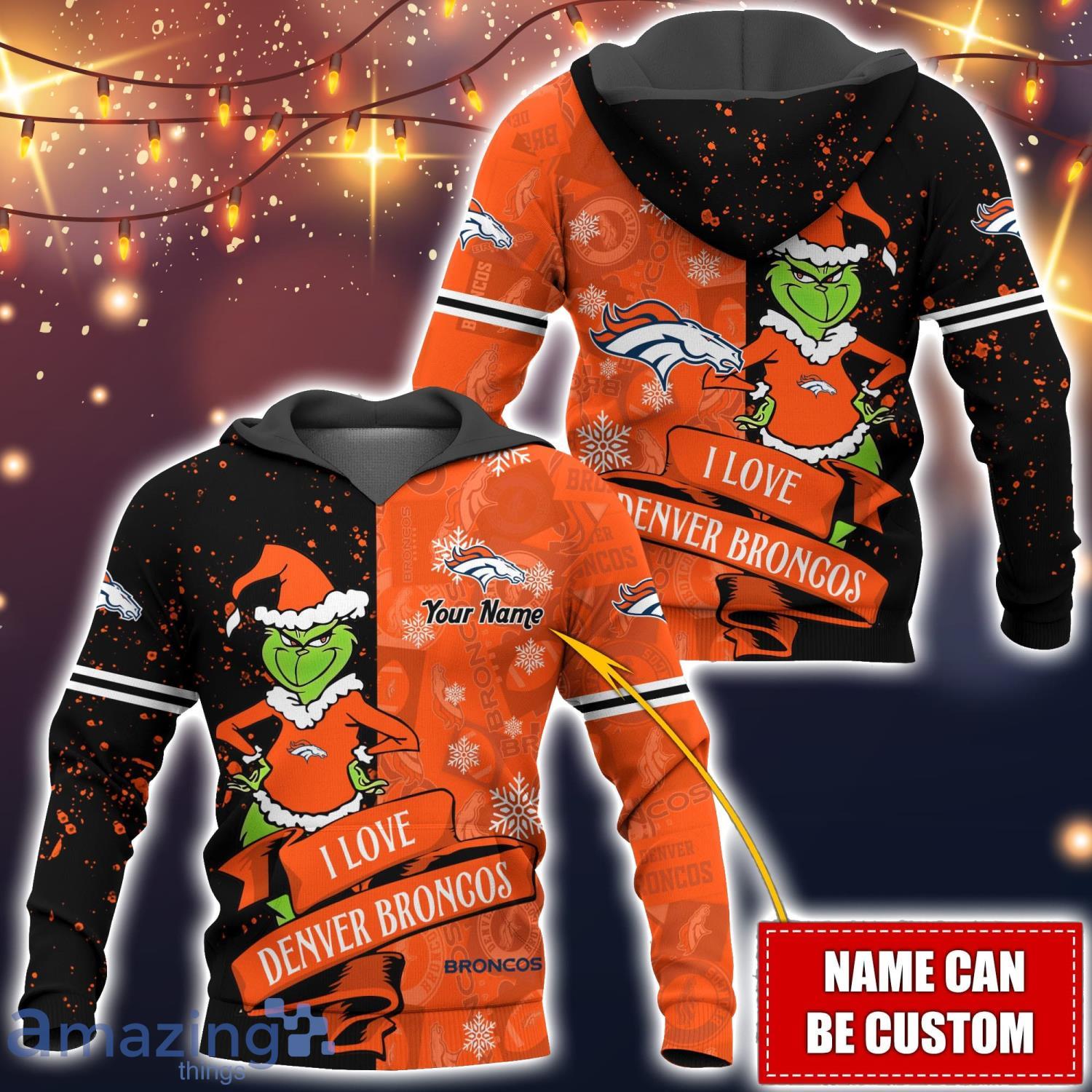 Denver Broncos NFL Fans Grinch Love All Over Printed 3D Hoodie Custom Name Christmas Gift image Denver Broncos NFL Fans Grinch Love All Over Printed 3D Hoodie Custom Name Christmas Gift Product Photo 1