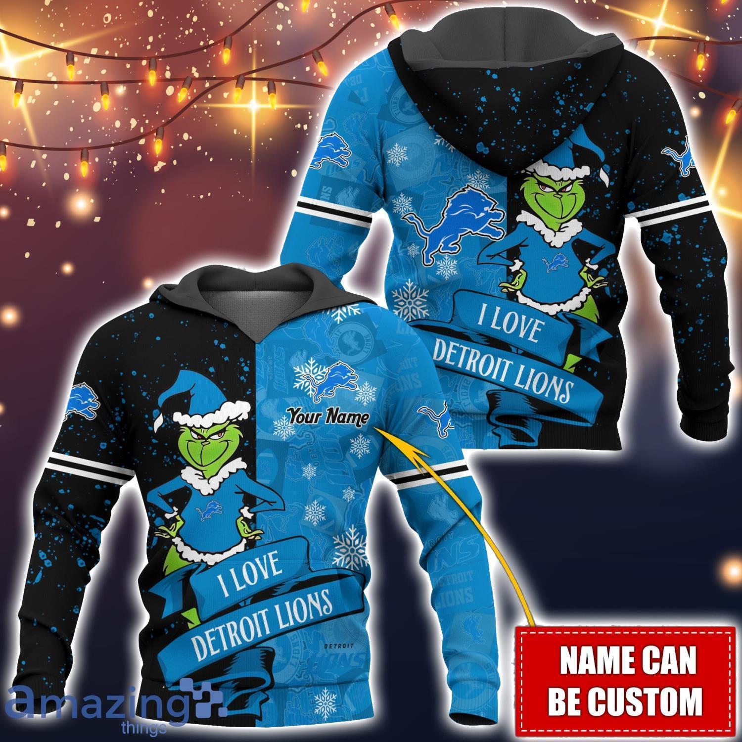 Detroit Lions NFL Fans Grinch Love All Over Printed 3D Hoodie Custom Name Christmas Gift image Detroit Lions NFL Fans Grinch Love All Over Printed 3D Hoodie Custom Name Christmas Gift Product Photo 1