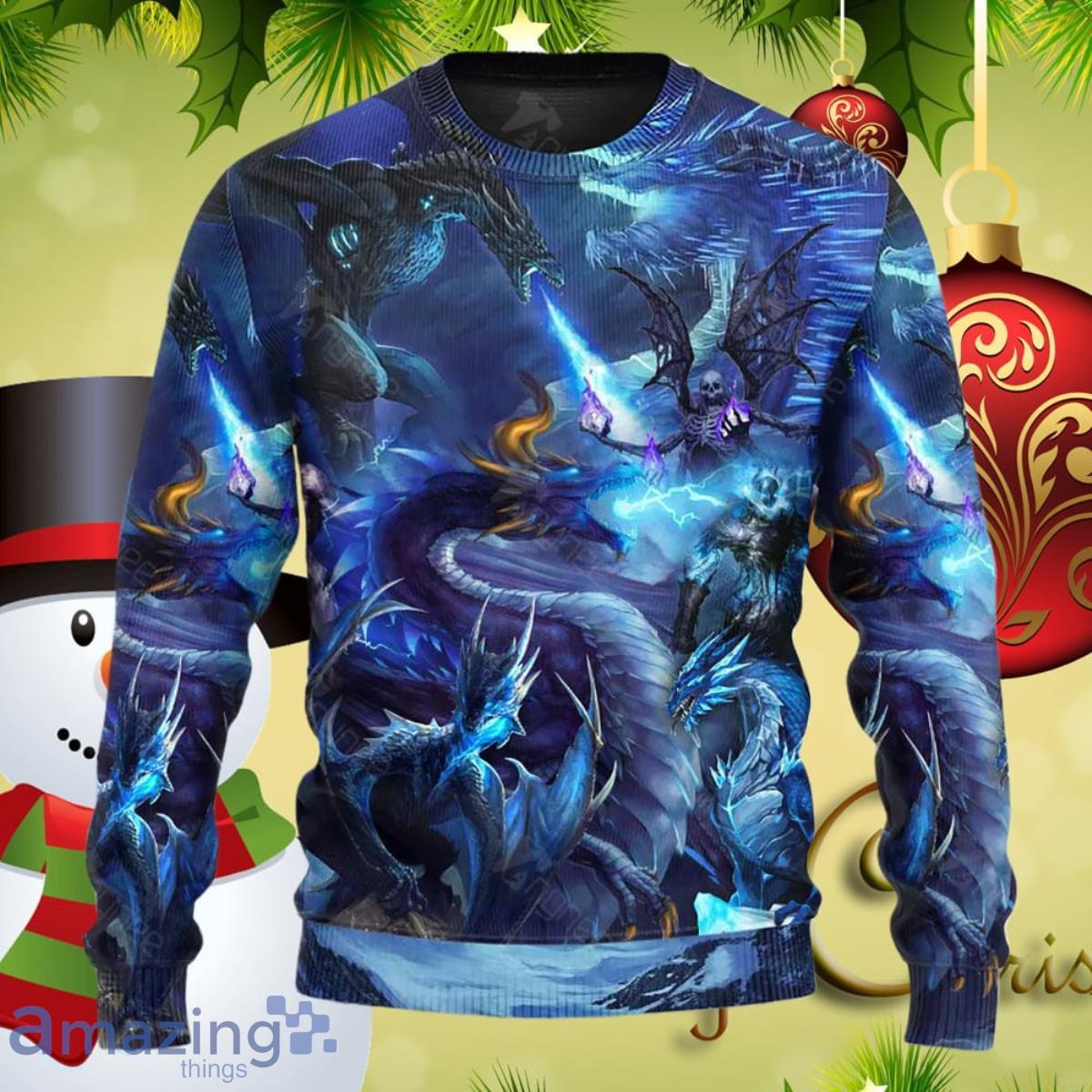 Dragon Blue Skull Fire Lightning Art Style Ugly Christmas Sweater Best Gifts For Men And Women Product Photo 1