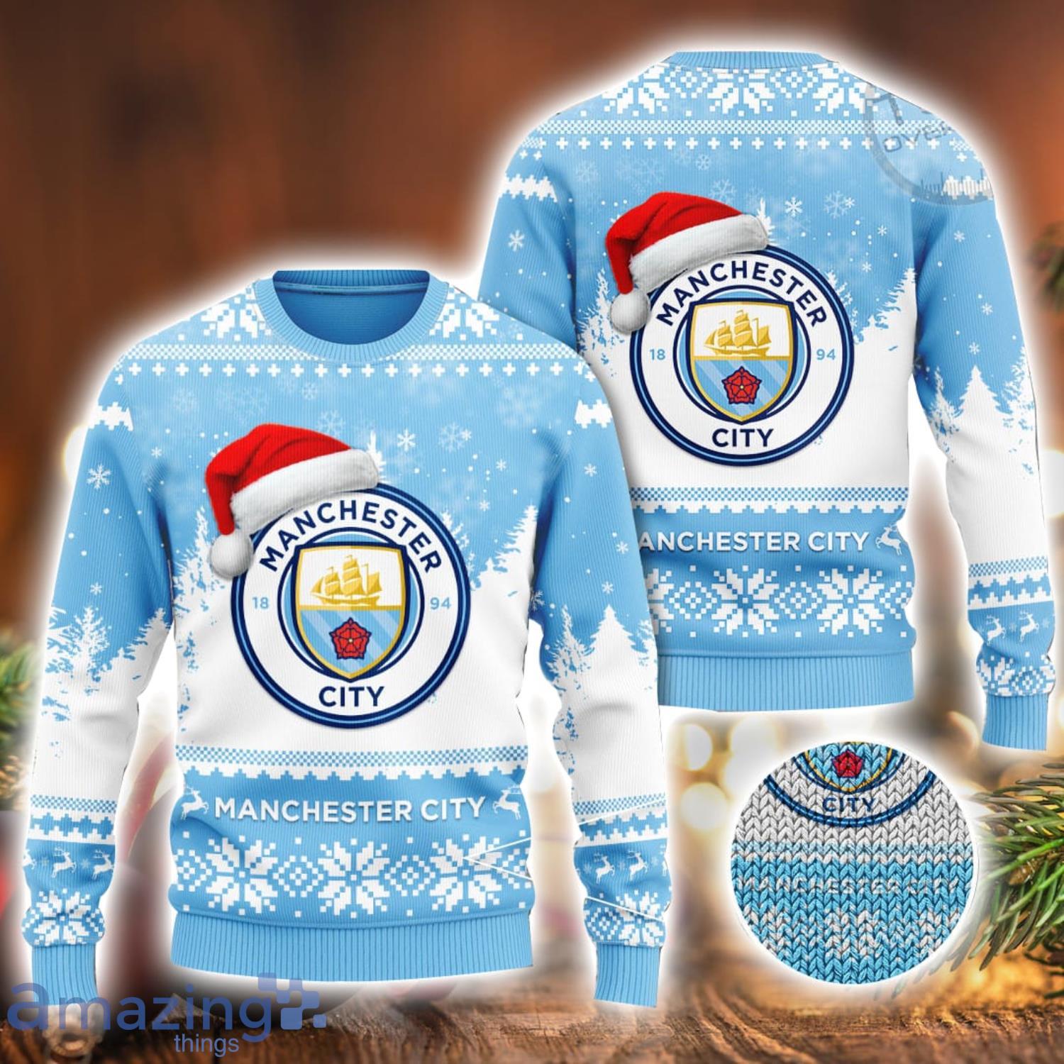 Fans Manchester City Logo Wearing Santa Hat 3D Ugly Christmas Sweater Christmas Gift Men And Women 2023 Sweater image Fans Manchester City Logo Wearing Santa Hat 3D Ugly Christmas Sweater Christmas Gift Men And Women 2023 Sweater Product Photo 1