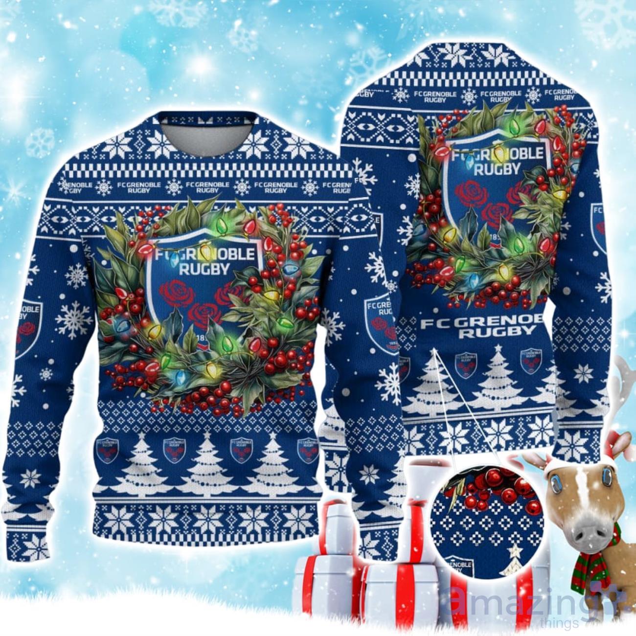 FC Grenoble Rugby Ugly Christmas Sweater Gift Ideas For Fans image FC Grenoble Rugby Ugly Christmas Sweater Gift Ideas For Fans Product Photo 1