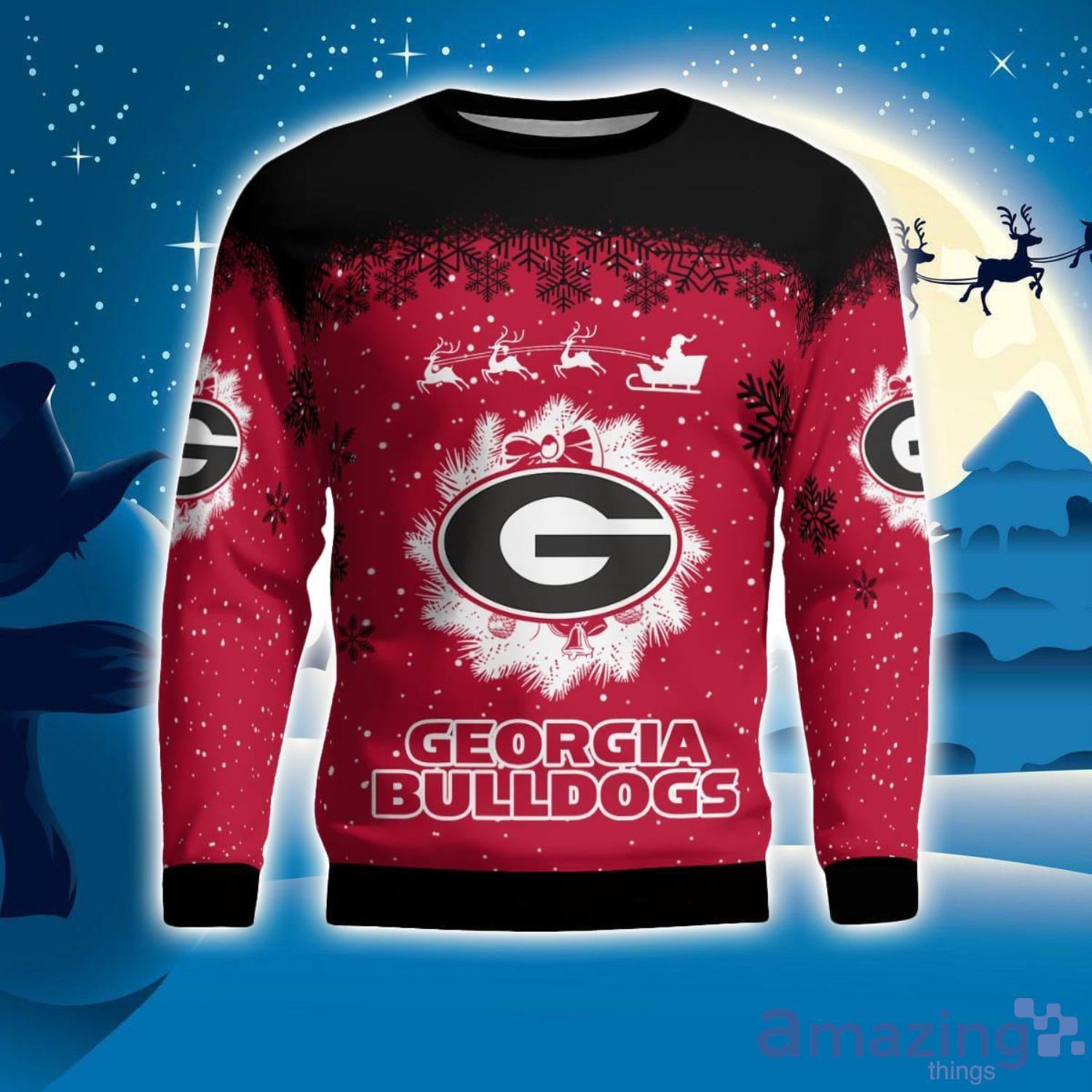 Georgia Bulldods Santa sleigh driving reindeer Pattern Ugly Christmas Sweater image Georgia Bulldods Santa sleigh driving reindeer Pattern Ugly Christmas Sweater Product Photo 1