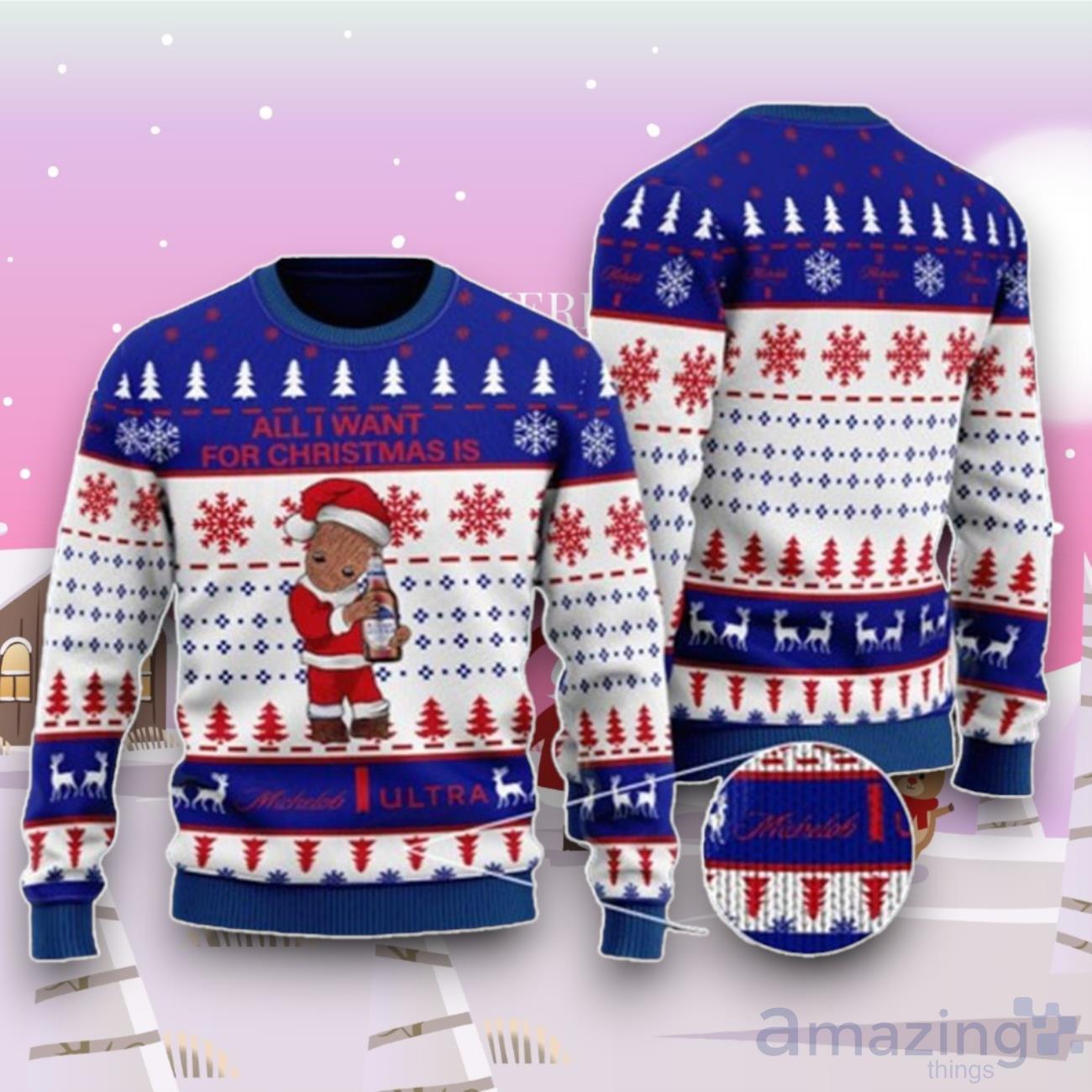 Groot All I Need For Christmas Is Michelob Ultra Ugly Sweater For Men And Women image Groot All I Need For Christmas Is Michelob Ultra Ugly Sweater For Men And Women Product Photo 1