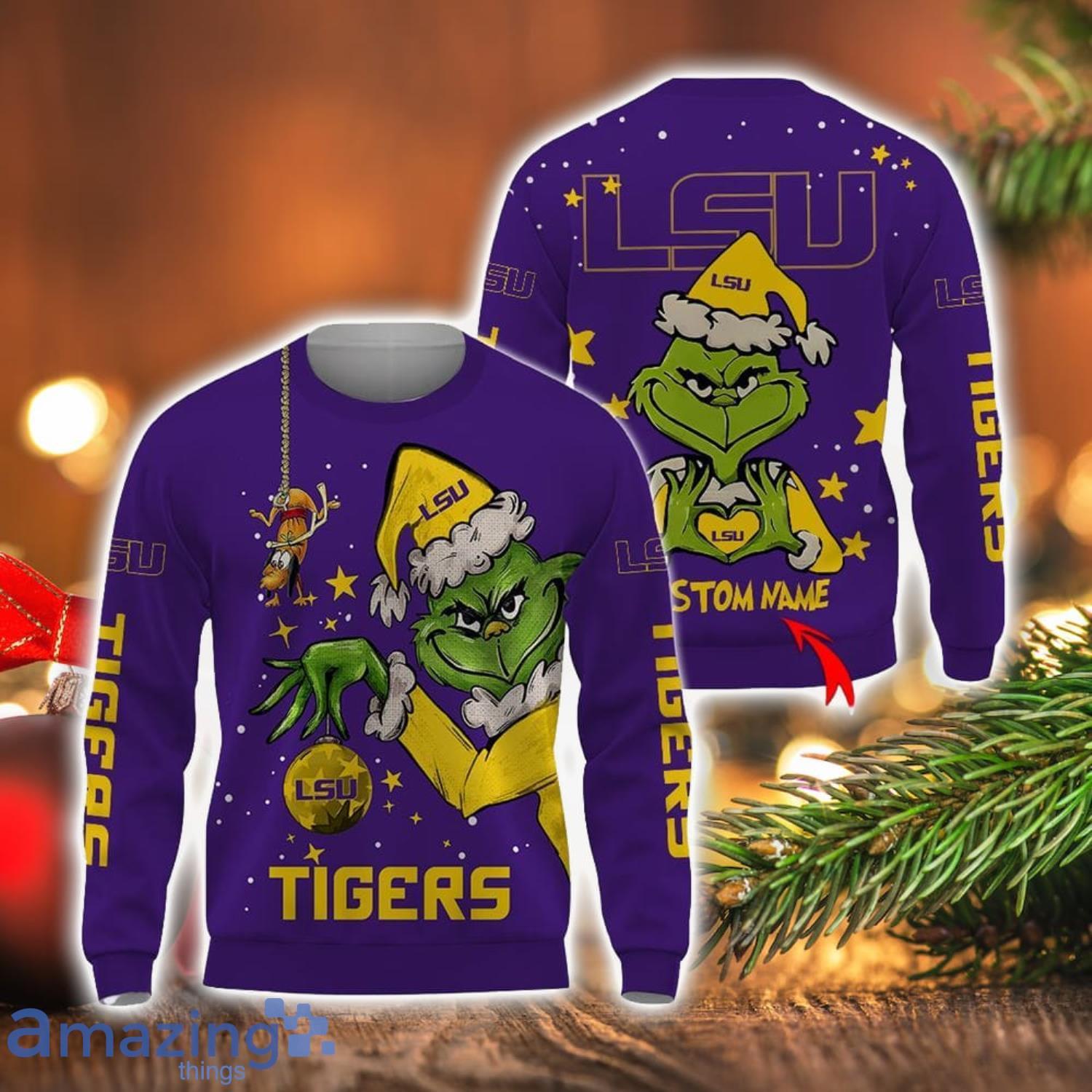 Personalized Name NCAA LSU Tigers Football Fans Sweater Grinch Ugly Sweater Christmas Christmas Gift Ideas image Personalized Name NCAA LSU Tigers Football Fans Sweater Grinch Ugly Sweater Christmas Christmas Gift Ideas Product Photo 1