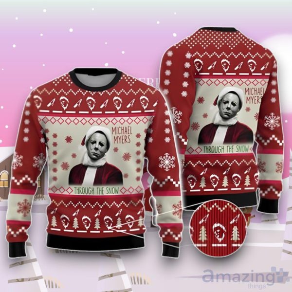 Horror Movie Character Michael Myers Through The Snow Ugly Christmas Sweater For Men And Women Product Photo 1