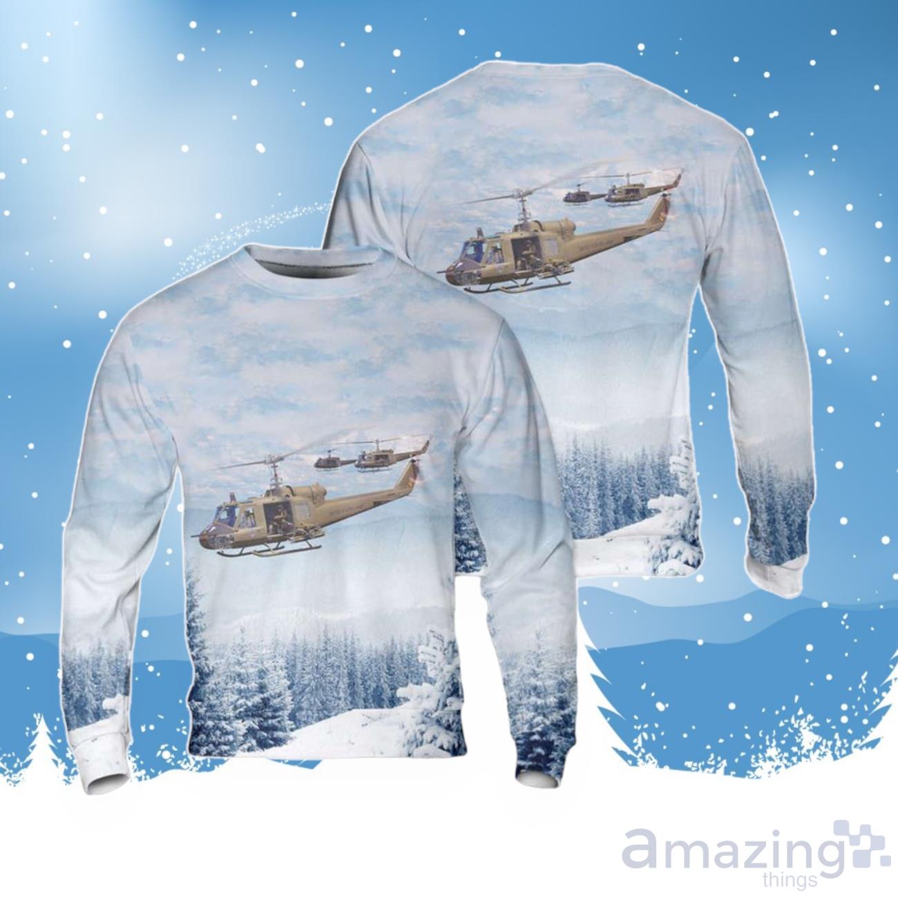 Huey Helicopter Christmas Sweater 3D Gift For A Festive Holiday image Huey Helicopter Christmas Sweater 3D Gift For A Festive Holiday Product Photo 1