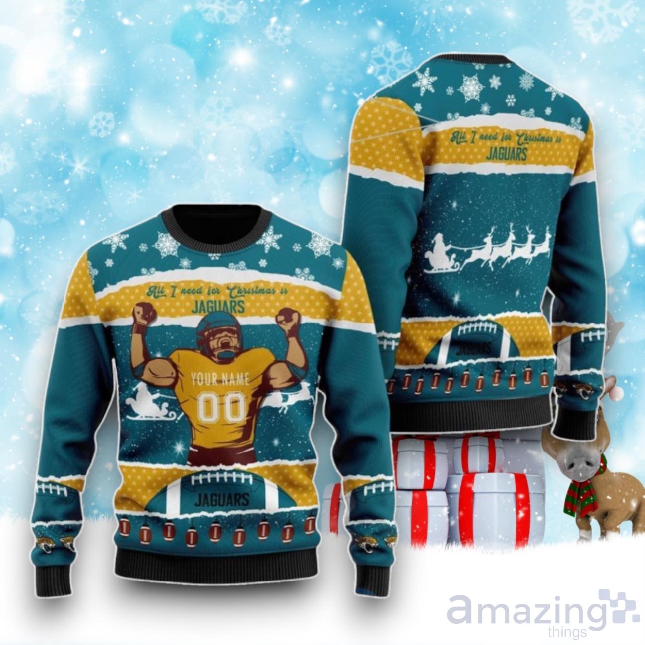 Jacksonville Jaguars All I Need For Christmas Ugly Christmas Sweater Custom Number & Name image Jacksonville Jaguars All I Need For Christmas Ugly Christmas Sweater Custom Number & Name Product Photo 1