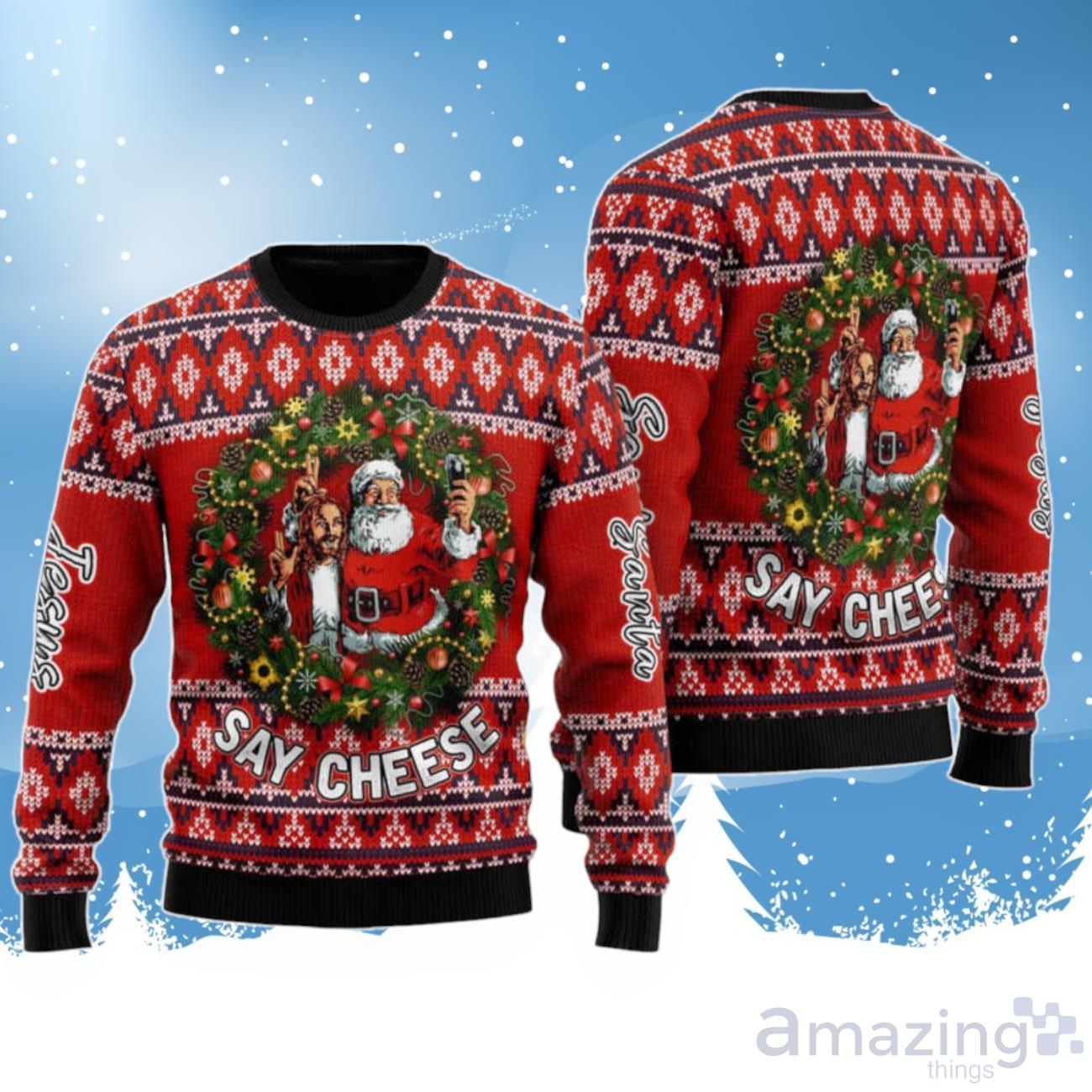 Jesus And Santa Say Cheese Ugly Christmas Sweater, Best Gift For Christmas 2023 image Jesus And Santa Say Cheese Ugly Christmas Sweater, Best Gift For Christmas 2023 Product Photo 1
