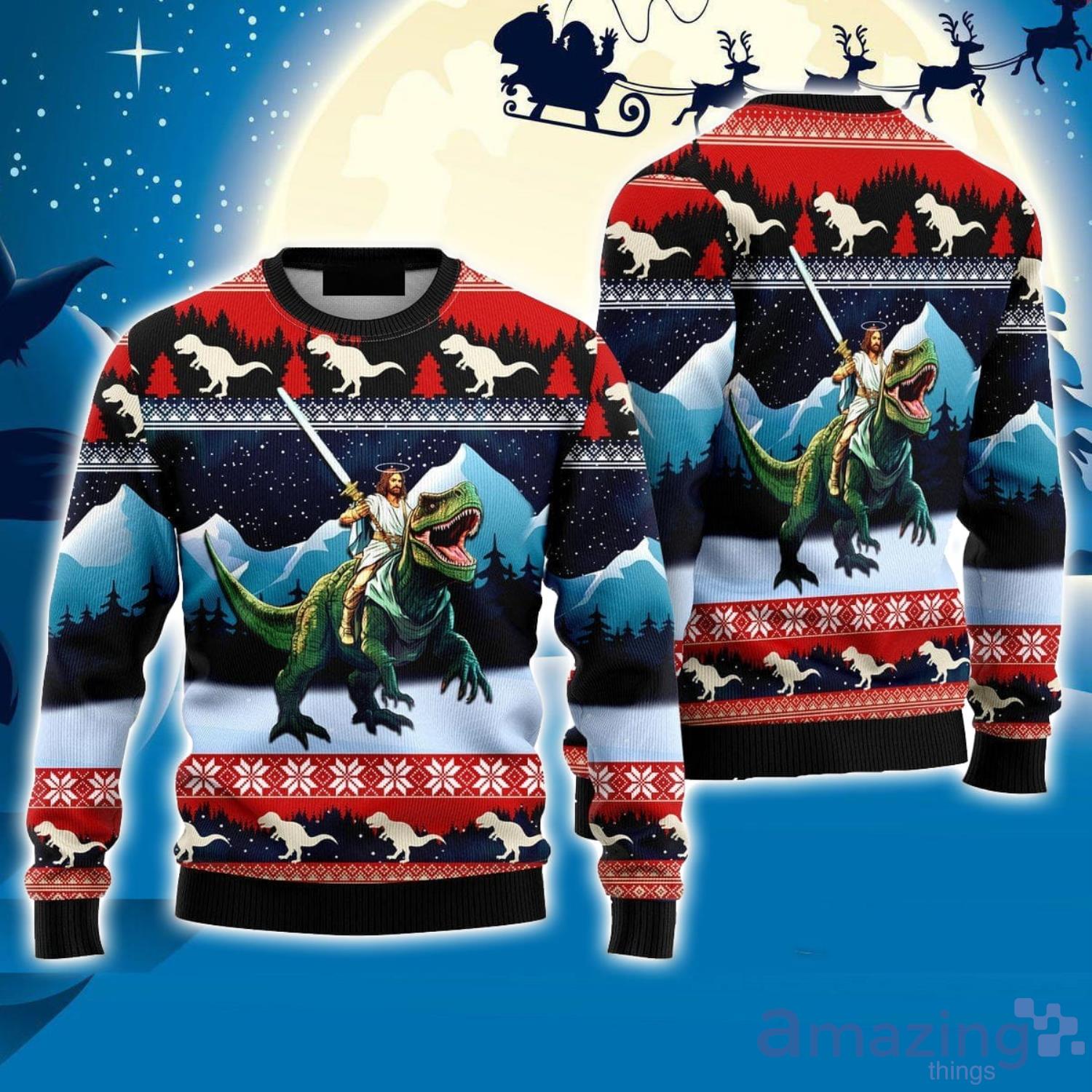 Jesus Is Riding A Dinosaur Blue Red 3D Ugly Christmas Sweater Gift For Family Christmas Gift image Jesus Is Riding A Dinosaur Blue Red 3D Ugly Christmas Sweater Gift For Family Christmas Gift Product Photo 1