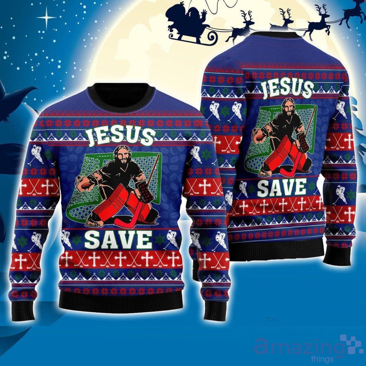 Jesus Saves Hockey Ugly Christmas Sweater Xmas Gift Men And Women Christmas  Sweater