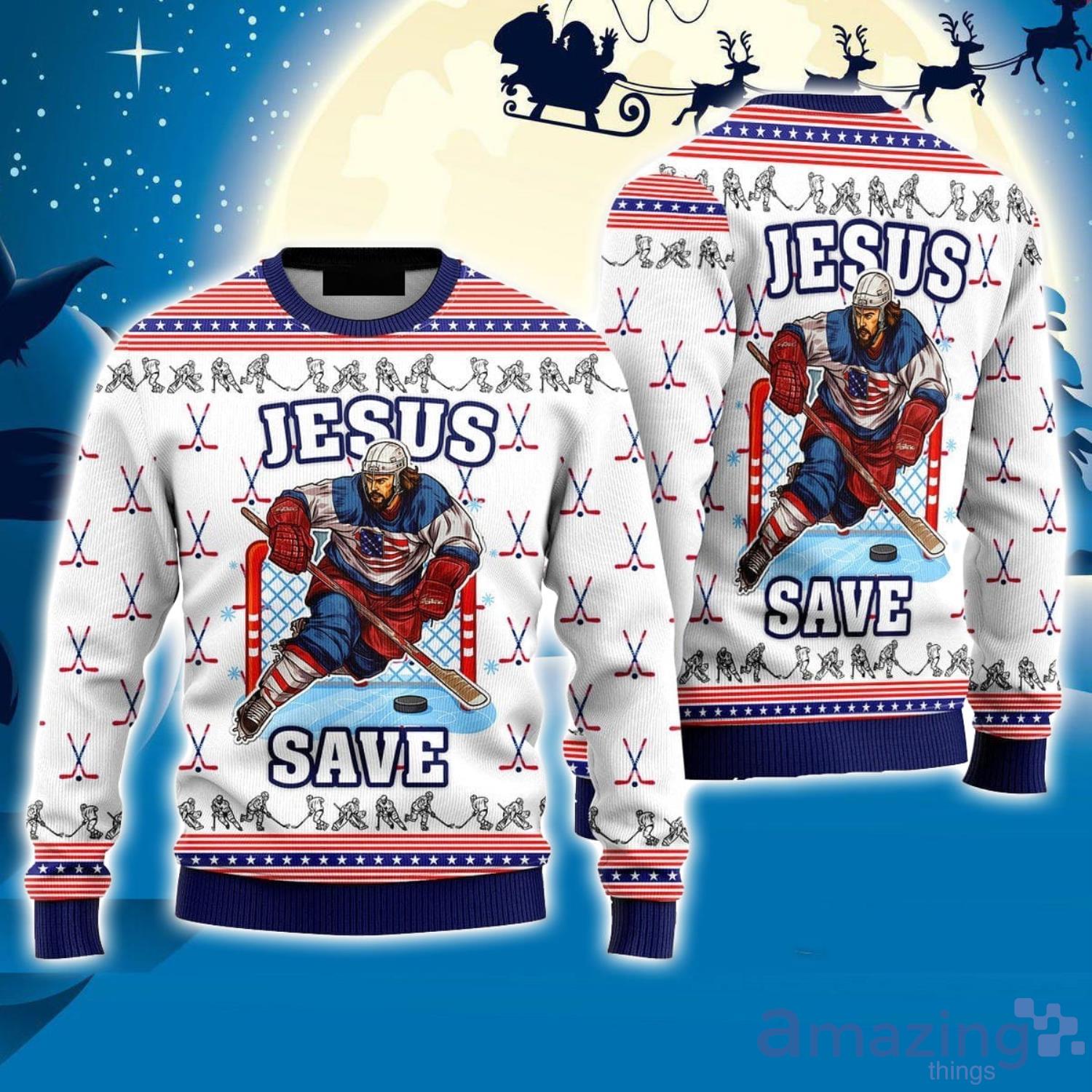 Jesus Saves Hockey Ugly Christmas Sweater