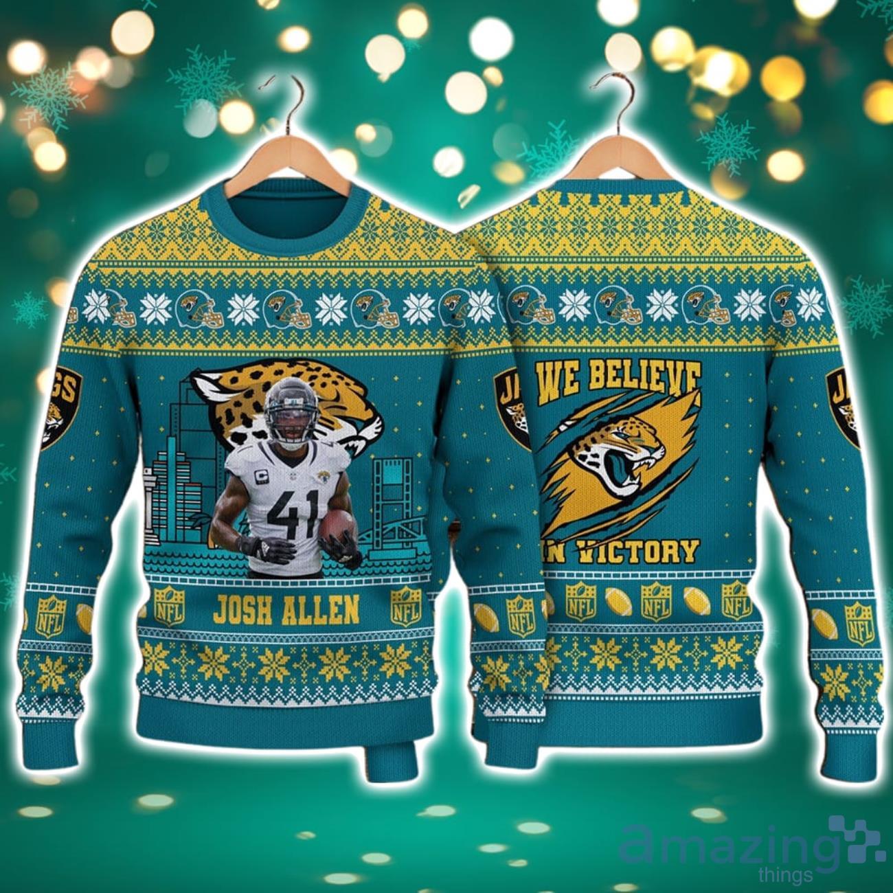 Josh Allen Jacksonville Jaguars We Believe In Victory NFL Christmas Ugly Sweater image Josh Allen Jacksonville Jaguars We Believe In Victory NFL Christmas Ugly Sweater Product Photo 1