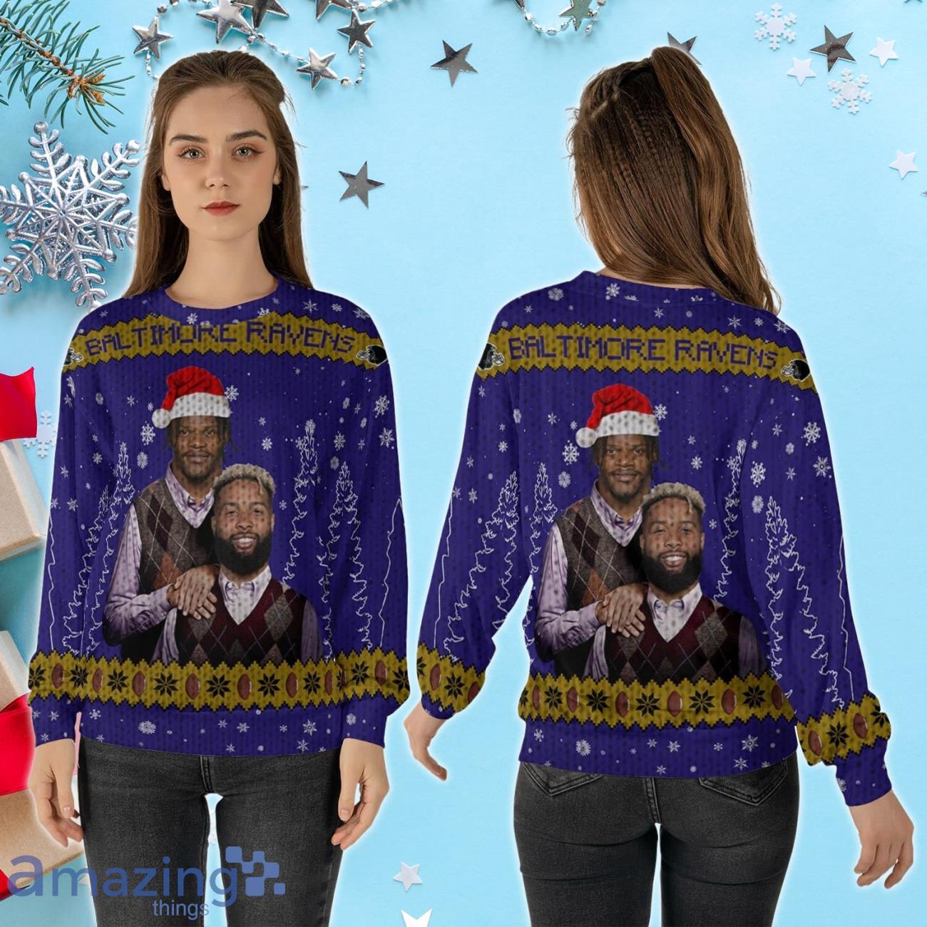 Lamar Jackson Odell Beckham Jr. Baltimore Football Ugly Christmas Sweater Custom Name image Lamar Jackson Odell Beckham Jr. Baltimore Football Ugly Christmas Sweater Custom Name Product Photo 2