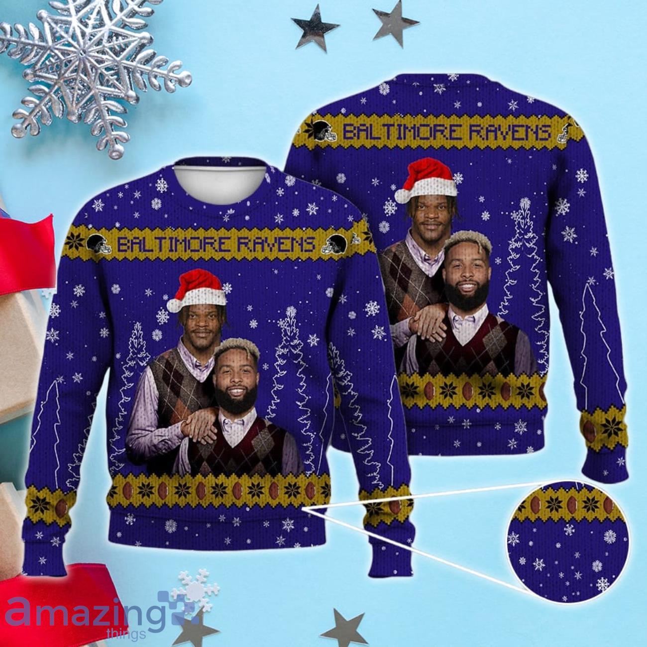 Lamar Jackson Odell Beckham Jr. Baltimore Football Ugly Christmas Sweater Custom Name image Lamar Jackson Odell Beckham Jr. Baltimore Football Ugly Christmas Sweater Custom Name Product Photo 1