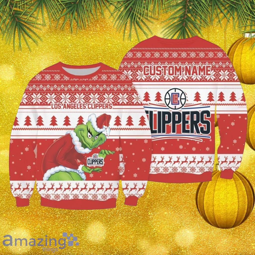 Los Angeles Clippers Grinch Custom Name Christmas Ugly Sweater 3D Gift Christmas image Los Angeles Clippers Grinch Custom Name Christmas Ugly Sweater 3D Gift Christmas Product Photo 1