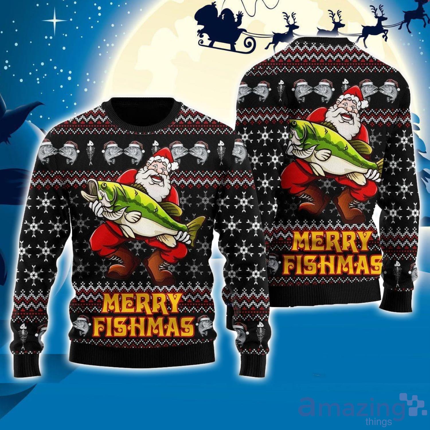Merry Fishmas Santa Loves Fishing 3D Ugly Christmas Sweater Gift
