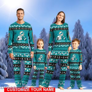 Miami Dolphins Pajamas Custom Name Christmas Sport Team Pajama Set Christmas Gift Family Product Photo 1