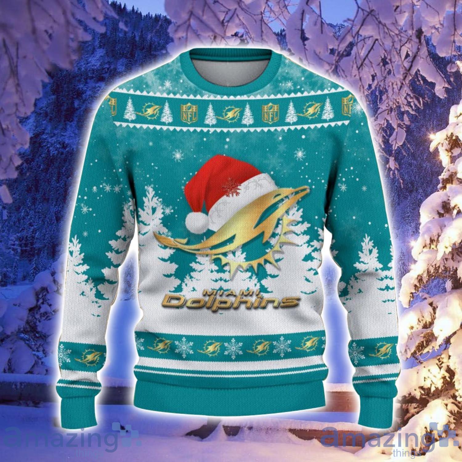 Miami Dolphins Santa Hat Pattern Ugly Christmas Sweater For Men And Women image Miami Dolphins Santa Hat Pattern Ugly Christmas Sweater For Men And Women Product Photo 2