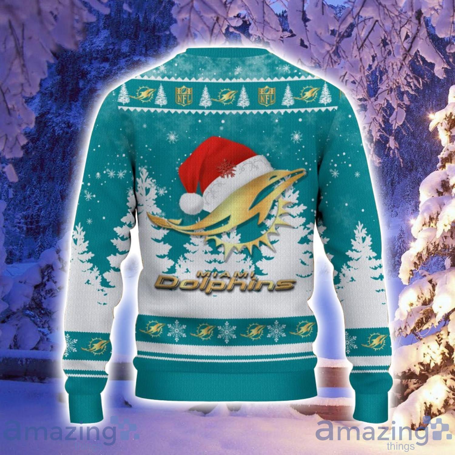 Miami Dolphins Santa Hat Pattern Ugly Christmas Sweater For Men And Women image Miami Dolphins Santa Hat Pattern Ugly Christmas Sweater For Men And Women Product Photo 3
