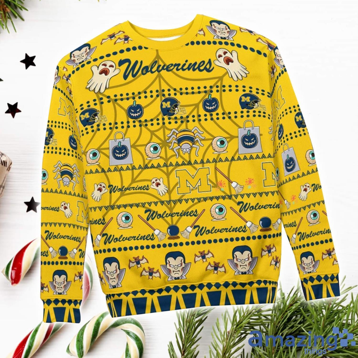 Michigan Wolverines Pumpkin Halloween Spooky Ghost Pattern Funny 3D Sweater Men And Women Gift image Michigan Wolverines Pumpkin Halloween Spooky Ghost Pattern Funny 3D Sweater Men And Women Gift Product Photo 2