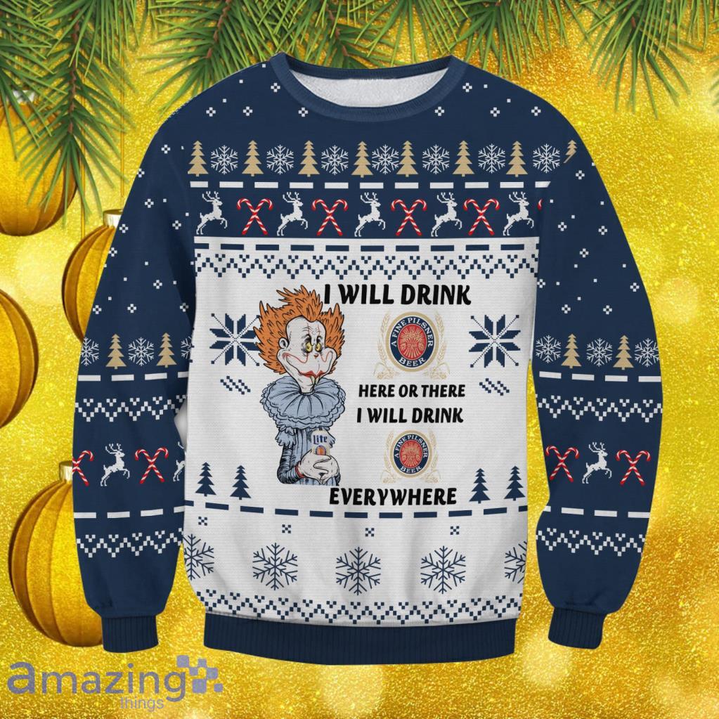 Miller Lite Clown Christmas Ugly Sweater Gift For Men And Women image Miller Lite Clown Christmas Ugly Sweater Gift For Men And Women Product Photo 1