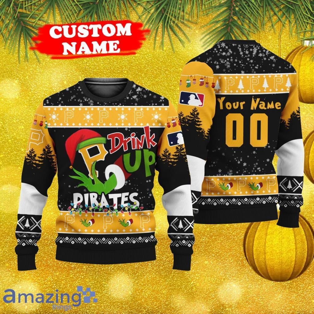 MLB Grinch Drink Up Pittsburgh Pirates Personalized Name And Number Ugly Knitted Sweater Christmas Gift image MLB Grinch Drink Up Pittsburgh Pirates Personalized Name And Number Ugly Knitted Sweater Christmas Gift Product Photo 1